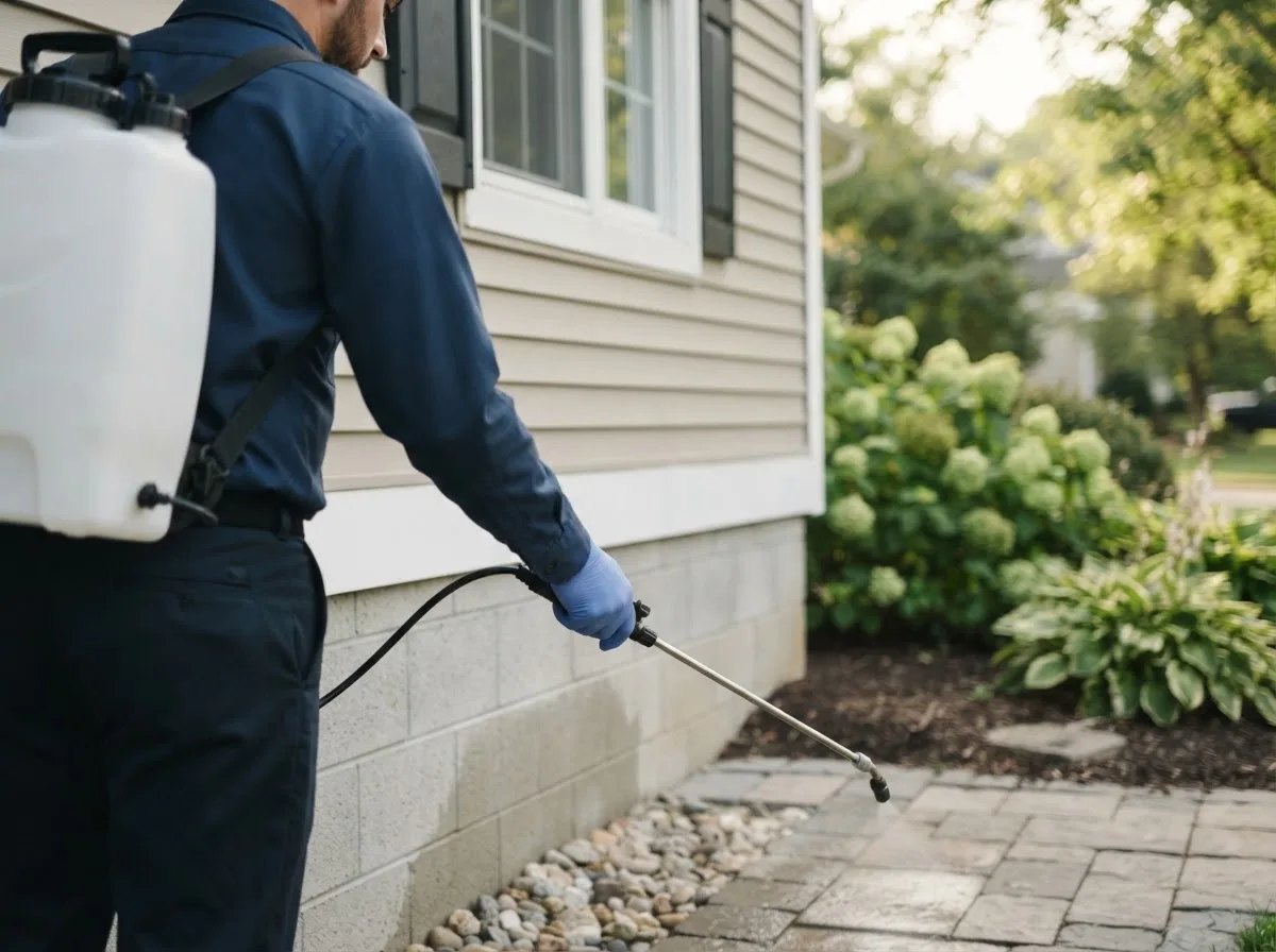 Pest control technician inspecting a home in Haverhill, OH